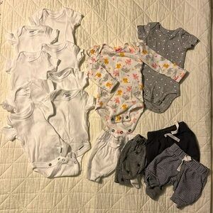 Gerber bodysuits; Simple Joys bodysuits; Amazon Essentials Shorts - Preemie